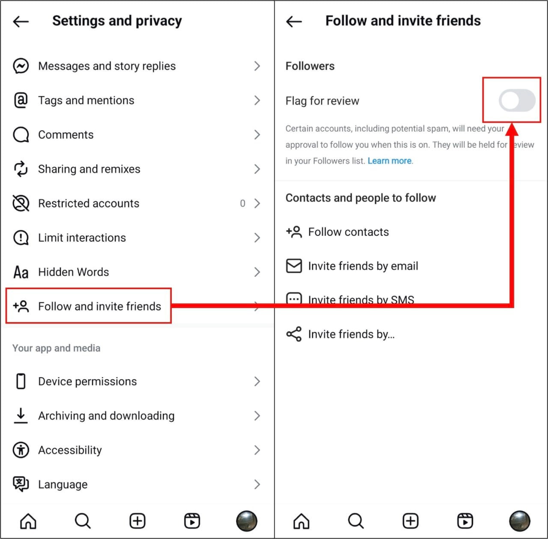 Dua layar Instagram: menu Follow and invite friends disorot, lalu sakelar Flag for review dalam keadaan mati